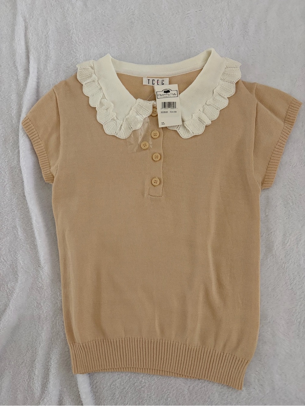 NWT TCEC Tan Cream Ruffle Collar Sweater Top Size Small
